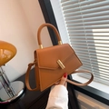 Brown geometric PU leather handbag with gold cylindrical metal buckle and shoulder strap - Dark Brown