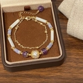 Double-layer bamboo style bracelet with natural amethyst and white pearl in a jewelry box - Amethyst Pearl Double Layer Style (D-162)