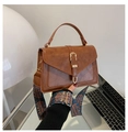 Retro brown PU leather square bag with a bohemian floral print wide strap for women - Brown