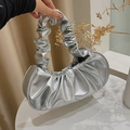 Silver pleated hobo bag in metallic PU leather with ruched handle and minimalist design - Silver