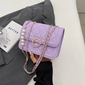 Elegant purple quilted chain bag featuring large pearls and gold hardware finish - Small / Purple