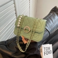 Mint green quilted flap bag with pearl chain strap and gold pearl ring clasp - Small / Green