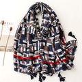 Long geometric print cotton-linen scarf with dark blue tassels and red stripe accents - 180*90CM / Navy Blue/Brown/Grey/White Geometric Color Blocks (SL2207-010)