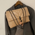 Chic beige quilted shoulder bag with metal chain strap and V-pattern stitching detail - Khaki