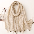 Japanese style warm cotton linen scarf with small brown floral prints and tassels - Beige