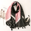 Linen feel floral stripe scarf with color block pattern and tassels on white background - Pink Black White Geometric Floral Patchwork (SL2208-009)