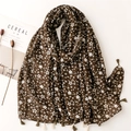Soft dark brown floral cotton linen scarf with tassels and warm autumn winter style - Dark Coffee