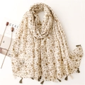 Soft floral cotton linen scarf with tassels and retro vintage pastoral design - Beige Khaki