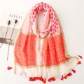 Ethnic style cotton feel scarf with geometric floral patterns and pink orange tassels - Red Series 1