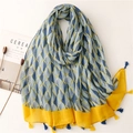 Blue feather pattern cotton linen scarf with yellow fringe trim and tassels - 180*90CM / Blue Leaf Contrast Yellow Tassel (SL2208-015)