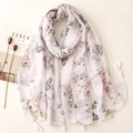 Elegant white floral shawl scarf with butterfly print and handmade tassel trim - 180*90CM / White Print Butterfly and Rose (SL2209-007)