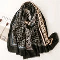 Elegant black cotton linen scarf with gold foil paisley patterns and fringe edges - Dark Grey