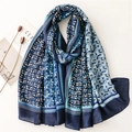 Navy blue cotton linen scarf with geometric gold patterns and soft frayed edges - Blue