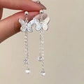 Macro detail of silver butterfly earrings featuring long tassels and zircon droplets - Silver Butterfly Tassel Earrings