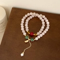 Pink natural stone double-layer beaded bracelet with green charms and gold chain - Pink Double-Layer Bracelet