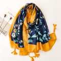 Floral navy and yellow cotton scarf with tassels and elegant botanical prints - 180*83cm / Navy Blue and Yellow Floral (SL2209-036)