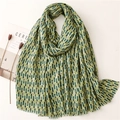 Artistic green geometric pattern linen scarf with gold accents and frayed edges on white - Green Geometric Style (SL2209-017 Green)