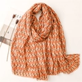 Detail of cotton linen scarf with orange geometric patterns and gold lurex threads - Orange Khaki Geometric Style (SL2209-017 Orange Khaki)