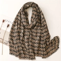 Geometric pattern cotton linen scarf with frayed edges and golden rectangular design - Black Coffee Geometric Style (SL2209-017 Black Coffee)