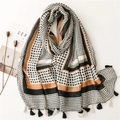 Linen feel cotton scarf with geometric patterns and handcrafted tassels for beach travel - Black (SL2203-018)