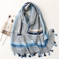 Blue and white geometric pattern cotton linen scarf with handmade fringe tassels - Blue (SL2203-018)