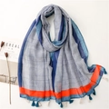 Sciarpa in cotone e lino pied-de-poule bianco e blu con bordo arancione e frange - Patchwork Blu Arancione