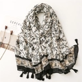 Floral satin cotton scarf with black tassels and botanical prints for beach use - 180*90CM / Black