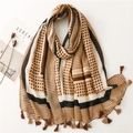 Linen-feel geometric plaid scarf with tassels in brown and beige tones for women - Khaki (SL2203-018)