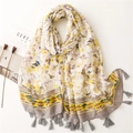 Floral cotton linen scarf for women with yellow flowers and gray tassels - 180*90CM / Yellow