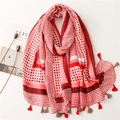 Detail view of red and white checkered cotton scarf with decorative fringe and tassels - Red (SL2203-018)