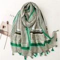 Green and white geometric grid scarf with tassels and a soft linen-feel texture - Green (SL2203-018)