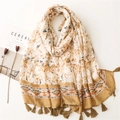 Ethnic style floral cotton linen scarf with tassels, soft beach shawl for women - 180*90CM / Khaki