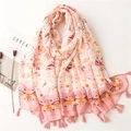 Detail of pink floral cotton scarf featuring ethnic patterns and soft tassel trim - 180*90CM / Pink