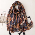 Scialle in cotone blu scuro con motivo paisley e nappe, foulard donna elegante - Stile Caffè (SL2204-005咖)