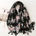 Bohemian black floral scarf with fringe detail and pink peony patterns for summer - 180*90CM / Black Large Floral (SL2204-015)