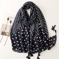 Navy blue cotton linen scarf with white polka dots and fringe, styled with props - 180*90CM / Navy Blue Polka Dot (SL2204-018)
