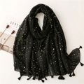 Lightweight black scarf with gold foil star and moon patterns and tassel edges - Black (SL2204-013 Black)