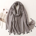Macro detail of gold moon and star prints on grey cotton feel scarf with tassels - Gray (SL2204-013灰)