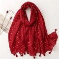 Detail of dark red lightweight scarf with gold foil stars, moons and tassel fringe - Red (SL2204-013红)