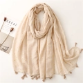 Beige cotton blend scarf with gold star foil prints and fringe tassels for women - Beige (SL2204-013米)