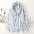 Light blue scarf with gold star prints and fringe tassels on a clean flat lay background - Blue (SL2204-013蓝)