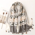 Elegant geometric print scarf with tassels and modern patchwork pattern for women - 180cm x 90cm / Black and Gray