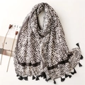 Black and white geometric kaleidoscope scarf with decorative tassels for beach sun protection - Black