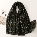 Lightweight black scarf with golden swallow print on soft linen-feel fabric for women - 180*90CM / Black