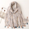 Elegant voile scarf with abstract floral patterns and bicolor tassels in beige and blue - 180x90cm / Abstract Floral Style (SL2112-011)