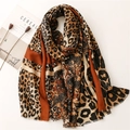 Long cotton linen scarf with leopard print and brown border in warm earth tones - Dark Coffee