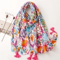 Floral cotton linen scarf with colorful botanical prints and pink tassel fringe details - Colorful Floral With Pink Tassels (SL2201-010) / 180x90cm