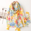 Floral print cotton scarf with tropical patterns and yellow tassels on white background - Tropical Floral Print With Yellow Tassels (SL2201-012)