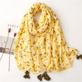 Lightweight lemon yellow scarf with white daisies, green leaves and tassel trim - Lemon Yellow Daisy Style (SL2201-004)