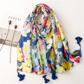 Telo mare in cotone e lino con stampa floreale tropicale e nappe blu decorative - Stile Floreale Tropicale Colorato (SL2201-008) / 180*90